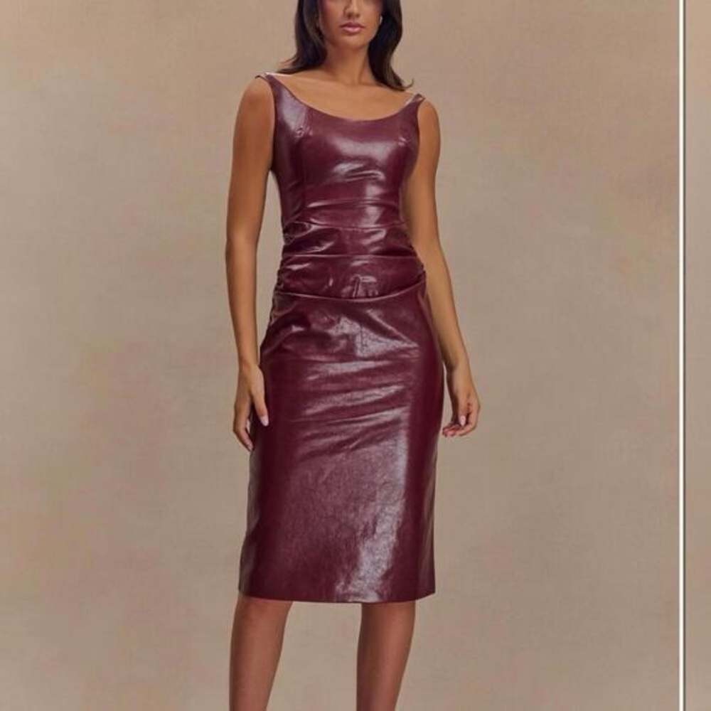 Meshki Sonia Faux Leather cherry red Burgundy Midi Dress